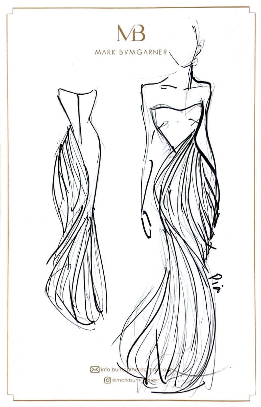 The sketch of Pia's Preview Ball 2025 outfit by Mark Bumgarner